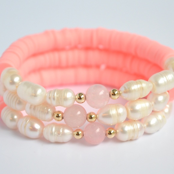 Breast Cancer Rose Quartz Freshwater Pearl Gemstone Beaded Bracelet - Picture 2 of 4